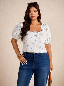 Elaquor Plus Size Women Floral Pattern Ruffle Trim Square Neck Short Puff Sleeve Blouse