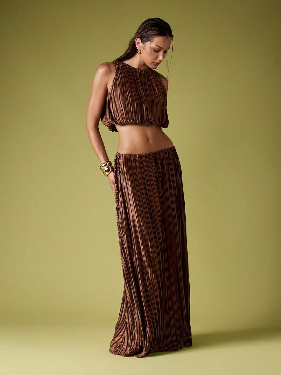 MISSGUIDED Pleated Plisse Crop Top With Maxi Skirt