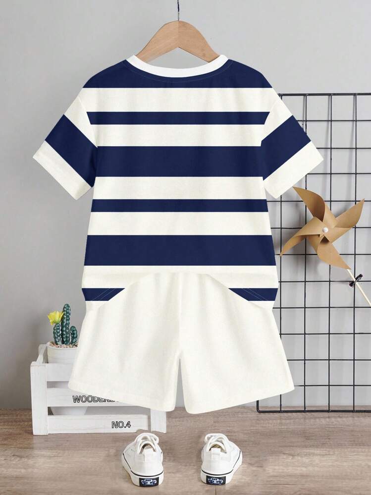 2pcs/Set Young Boy Casual Minimalist Round Neck Short Sleeve T-Shirt And Shorts, Suitable For Summer Toddler Boy Summer Clothes Boy Stripe Outfit Little Boys Clothes Short Sleeve Kids Clothes Boys Summer Outfit Set Boys Summer Outfit - Multicolor - View 3