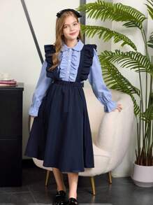 女孩浅蓝色长袖衬衫和海军蓝 A 字裙套装，休闲校服风格 - 彩色 - 查看 2