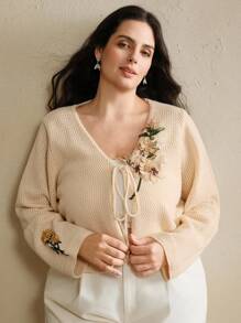 Anewsta Cardigan tricoté à fleurs brodées grande taille pour femmes - Nude - Voir 5