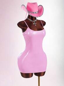 Amplova 女式简约纯色镜面 PU 吊带裙，基本款夏季连衣裙