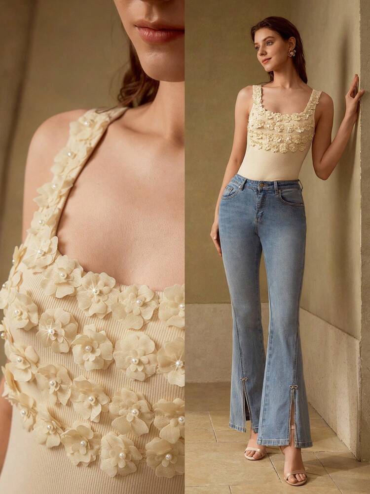 リブ素材 3Dパール フラワーデコレーション エレガントカジュアル レディース タンクトップ、ガーリースタイル