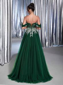 Glamrae Elegante vestido de noche de tren extra grande con escote alto, esmoquin, lentejuelas y bordado de hombros descubiertos en color verde oliva Lux Max para mujeres - Verde Oscuro - Ver 4