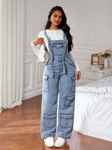 SHEIN ICON Women's Multi-Pocket Wide Leg Casual Denim Jumpsuit - Light Wash - View 4