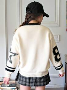 Sparklyn Tween Girl V-Neck Long Sleeve Casual Sweater With Numeric Star Pattern New York Sweater Fall Winter - White - View 2