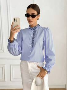 Serisse 女式条纹印花立领纽扣前长袖衬衫，刺绣设计，适合秋季女士、返校节、外出上衣、约会之夜、婚礼宾客、商务休闲女士、老派风格 - 藍白色 - 查看 4