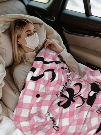 Kawaii 1pc One Flannel Printed Throw Blanket, Featuring A Bow - Print Pattern. It Is Soft And Comfortable, Suitable For Use As A Bedspread, Sofa Cover, Outdoor Throw Blanket, Bedroom Blanket, Office Blanket, Student Blanket, Etc. It Also Makes A Great Holiday Gift.