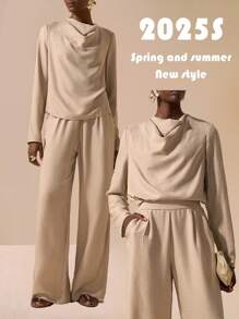 Zivah New Early Autumn Casual Elegant Daily Dating Commuting Party Intellectual Style Swing Collar High Collar Long Sleeve Loose Shirt + Straight Pants Jumpsuit Apricot Women's Two Pieces Suit-A - Apricot - View 5