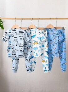 6pcs/Set Young Boy Dinosaur & Car Print Snug Fit Short Sleeve Top And Long Pants Pajama Set Boy Pajama Sets Back To School Fashion