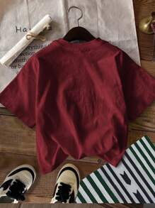 SHEIN Young Girl Casual Print Short Sleeve T-Shirt, Suitable For Summer - Burgundy - View 2