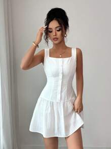 Rafferiza 优雅时尚修身圆领荷叶边下摆休闲通勤女士短款连衣裙，夏季 - 白色 - 查看 5