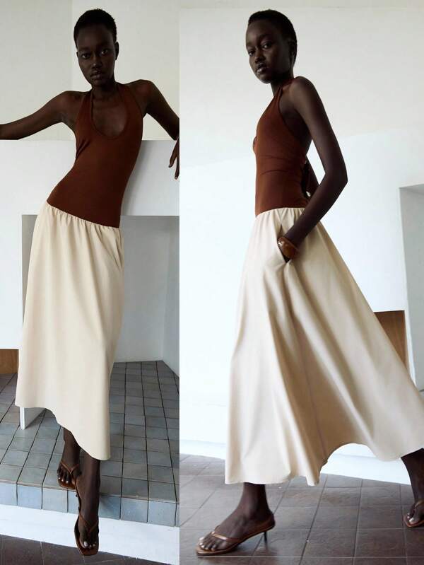 Lumivelle Vestido de línea A de verano informal con bloque de color, escote halter y espalda descubierta