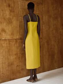 Lumivelle 女式纯色纽扣设计开衩下摆夏季亚麻优雅吊带裙 - 芥末黃 - 查看 2