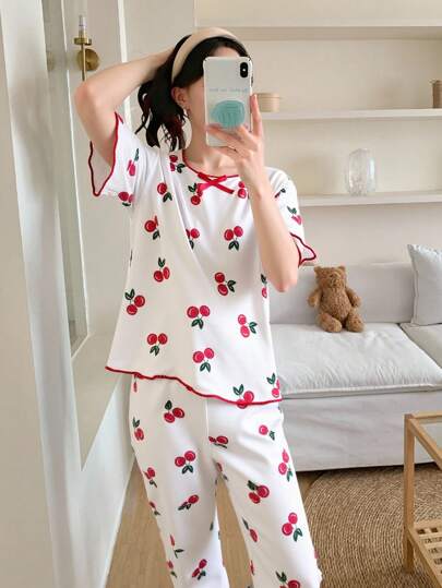 Genkimix Kids Tween Girls Pajamas Set, Includes White Crew Neck T-Shirt With Sweet Cherry Print And Loose Cherry Allover Print Pants With Frill Trim, Summer Casual Sleepwear Cherry Pajama Set, Back To School Fashion