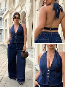 Jeanoix Plus Size Women Casual Sleeveless Tie Front Jacket - Dark Wash - View 1