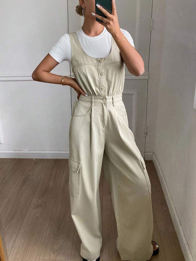 Women's Button Design Large Pocket Decor Cargo Denim Bib Overall Jumpsuit