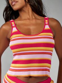 MISSGUIDED Retro Stripe Knit Tank Top Cropped Ribbed Summer Vest Y2K Festival Beach Fitted Cami Rainbow Sleeveless Crop Top