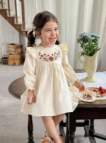 LMoss Kids LMoss  Baby Girl Woven Solid Color Embroidered Ruffle Sleeve Dress With Crossbody Bag - Beige - View 4