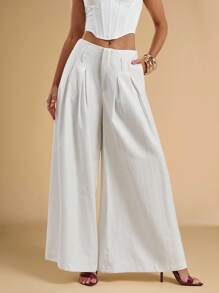 SHEIN BAE Women's White Solid Color Twill Pleated Pocket Simple Low Waist Trousers, Suitable For Commuting, Leisure, Fashion Going Out, Retro Style, Office Wear, Autumn Women's Pants, Wide Leg Pants, Casual Pants, Loose Wide Leg Pants,Fall Clothes ,Back To School,Old Money Style Women,Stockholm Style,Business Casual Woman