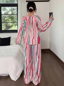 SHEIN 彩色多巴胺条纹印花宽松长袖和长裤女士睡衣套装，秋季衣服