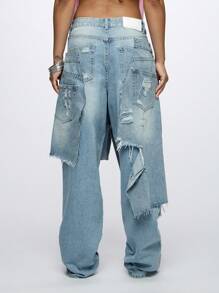 SUMWON Plus Size Baggy Wide Leg Jeans Distressed Layered Cut Overlay Fashion Streetwear Fall Winter Festival Casual Daily Wear Denim Pants - Blue - View 2
