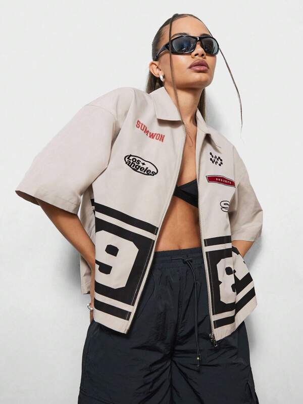 SUMWON WOMEN Plus Size Retro Varsity Style Zip Through Jacket With Print Short Sleeve Boxy Fit Lightweight Summer Spring Streetwear