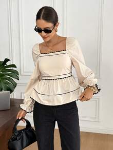 Serisse 女士法式休闲通勤方领拼接荷叶边下摆衬衫，适合秋季、冬季穿着，四季皆宜，适合办公室休闲穿着，法式风格，商务休闲女装，优雅，通勤，简约，办公室，复古，简约，商务休闲女装，国庆节，新年女装，感恩节衬衫 - 彩色 - 查看 3