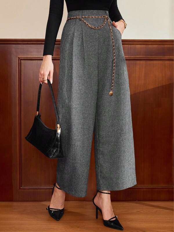 Vintamour 复古经典优雅女裤，修身链条腰带灰色长裤，带口袋，适合夏秋季