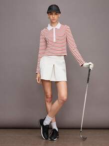 Activina 女式条纹长袖休闲运动 Polo 衫 - 紅白色 - 查看 7