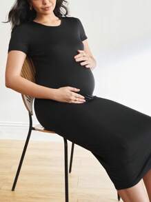 Moonlight&Mama Maternity Solid Color Round Neck Short Sleeve Fitted Casual Dress - Black - View 1