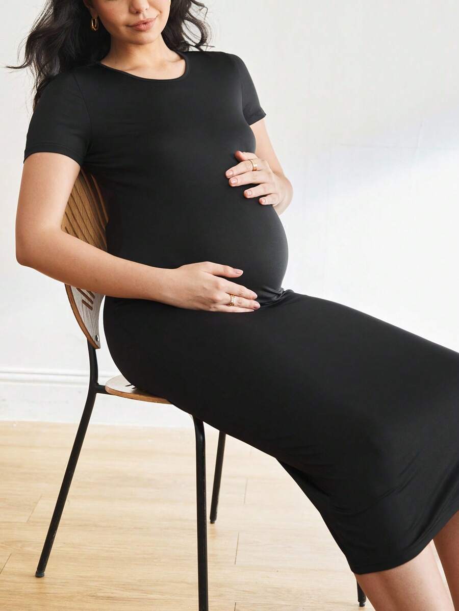 Moonlight&Mama Maternity Solid Color Round Neck Short Sleeve Fitted Casual Dress - Black - View 1