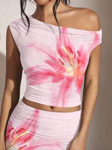 SHEIN BAE Floral Print Casual Asymmetric Shoulder Ruched Fitted Top And Bodycon Mini Skirt Set, Suitable For Summer Suitable For Going Out - Baby Pink - View 7
