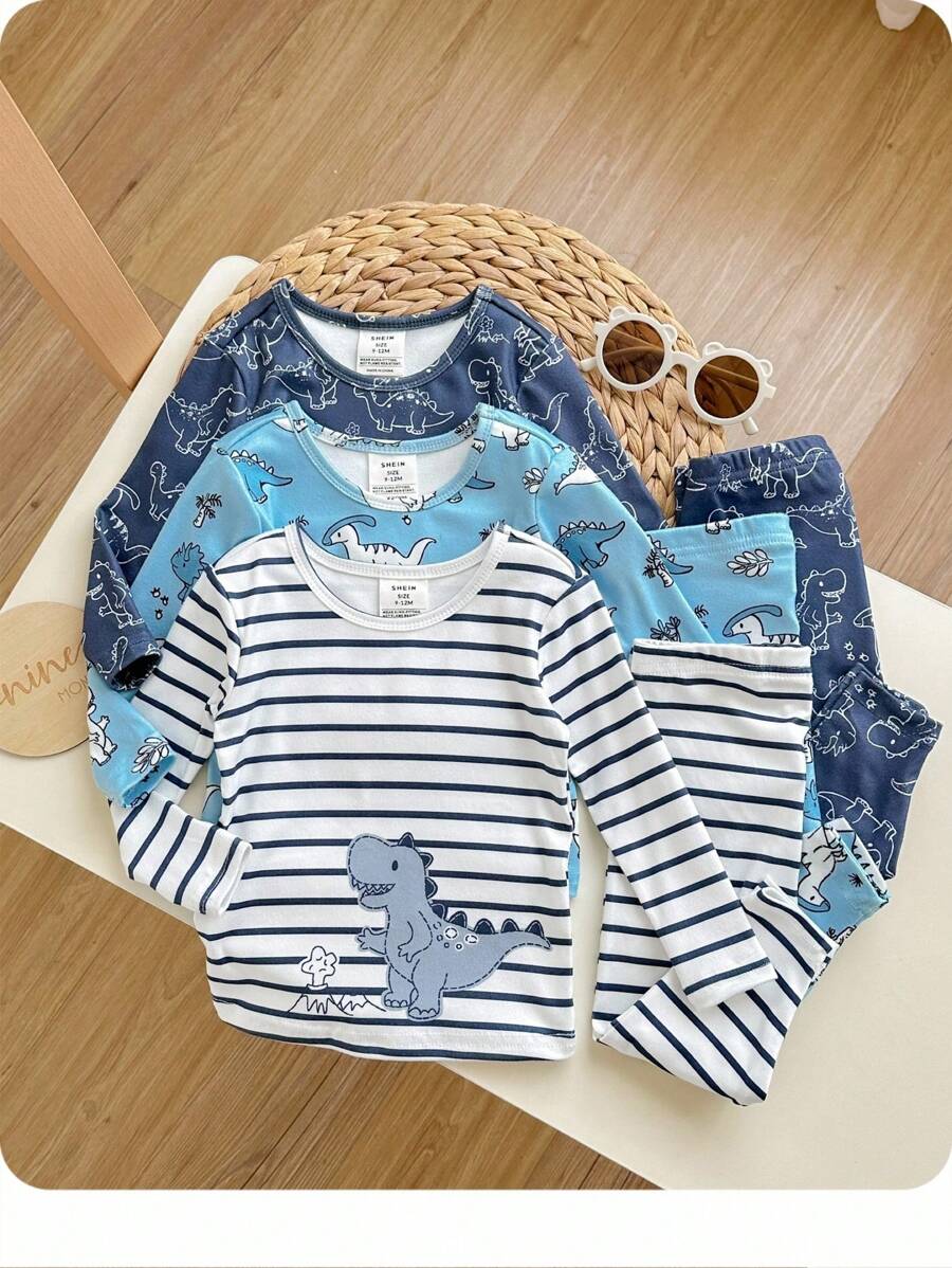 6pcs Baby Boy Snug Fit Cartoon Dinosaur & Striped Pattern Soft & Comfy Pajama Set Graphic - Blue and White - View 1