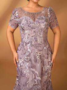 Serin Plus Size Elegant And Gorgeous Lotus Pink Round Neck Short Sleeves Sequin Embroidery Luxury Drilling Beading Craftsmanship Slim Fishtail Hem Suitable For Dinner Bachelorette Party Date Holiday Dance Wedding Event Bride Mother Dress Formal Dresses For Wedding Guest