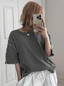 FRIFUL 女款落肩拼接條紋寬鬆休閒百搭海灘上衣長袖上衣校園風 - 深灰色 - 查看 6