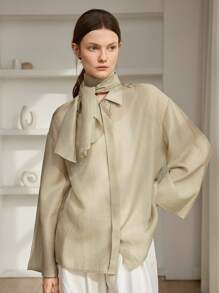 DAZY Women's Elegant Sage Green Long Sleeve Blouse,Loose Business Casual Flowy Collar Office Work Wear,Autumn Tea Party Commute Clothes For Spring & Summer - Champagne - View 1