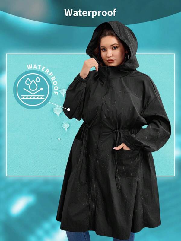 SHEIN CURVE+ Curves Plus Size/Chool Clothes/Back To School Clothes /Back To SchoolPlus Size Women Black Gathered Waist Long Trench Coat, Autumn/Winter
