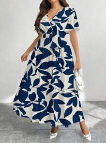 Modelyn Casual Vintage Floral Pattern Loose Fit Plus Size Dress, Suitable For Autumn/Winter Suitable For Going Out - Blue and White - View 3