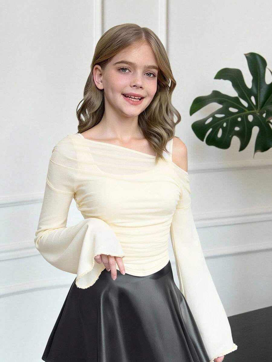 SHEIN 青少年女孩休闲喇叭袖不对称领口二合一上衣 - 卡其色 - 查看 1