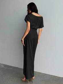 Aloruh Women's Spring & Summer Commute Everyday Draped Collar Ruched Design Dress,Wedding Guest Dress,Elegant Dresses For Women,Fall Wedding Guest Dress - Black - View 2