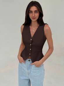 Aloruh Elegant V-Neck Solid Minimalist Autumn/Winter Knitted Vest With Modern Metal Buttons - Coffee Brown - View 3