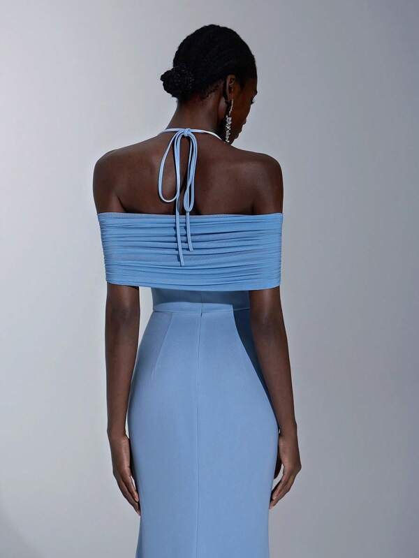 Elitara Elegante, romántico, sexy, minimalista vestido ajustado de hombros descubiertos azul claro Elastic, de moda, adecuado para influencia, vacaciones, fiestas, bodas, damas de honor