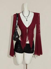 SHEIN ICON Y2k Fall Women's Western Burgundy Long Sleeve Going Out Solid Color Front Tie Flare Sleeve Fashionable T-Shirt - Burgundy - View 8