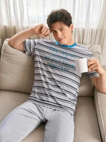 SHEIN 撞色条纹和字母印花男士休闲短袖睡衣套装 - 灰色 - 查看 5