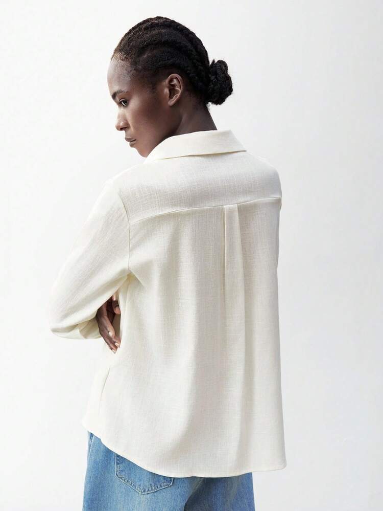 SHEIN Maija Women's Apricot Textured Fabric Contrast Lace Long Sleeve Button Down Casual Shirt, Suitable For Daily And Holiday Wear, Fits Bohemian Style For Spring Break