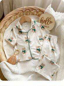 Baby Boys Cute Bear Pattern Lapel Snap Front Short Sleeve Pants Casual Loose Homewear Pajama Set 2pcs, Baby Boy - Green - View 3