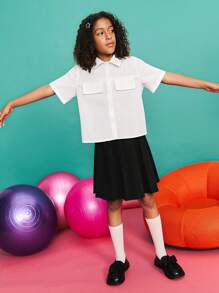 SHEIN Tween Girl Loose Casual Minimalist Collared Pocket Decor Shirt & Pleated Skirt Set,Black And White Summer School Back-To-School Season Girls Clothes - Black and White - View 5