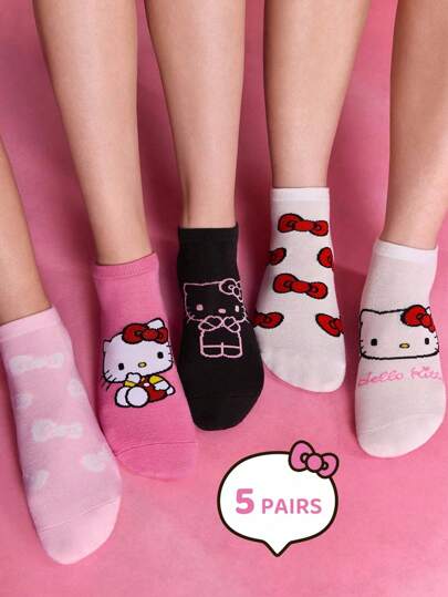 HELLO KITTY AND FRIENDS | SHEIN 5 par mjuka och andningsbara, fukttransporterande, casual damfotledsstrumpor med hjärta och hund, moderiktiga och söta färgglada korta strumpor, förstärkt tå och häl för hållbarhet, Sumner All-Match
