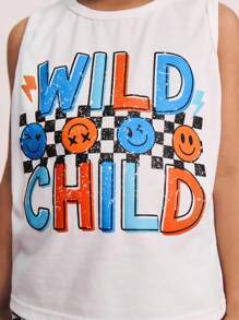 SHEIN Young Boy Summer Casual Minimalist Comfortable Round Neck Sleeveless Colorful Letter Print Tank Top And Shorts Set Kid Graphic Tees,Back To School - White - View 4